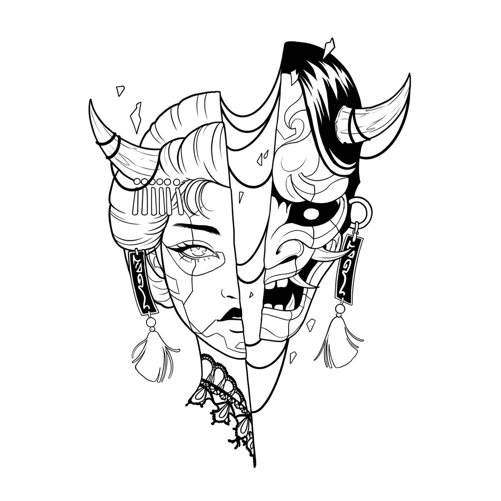 Black-line stencil of the split geisha and oni face, horns, hairpins, tassel earrings and lace collar as clean outlines.