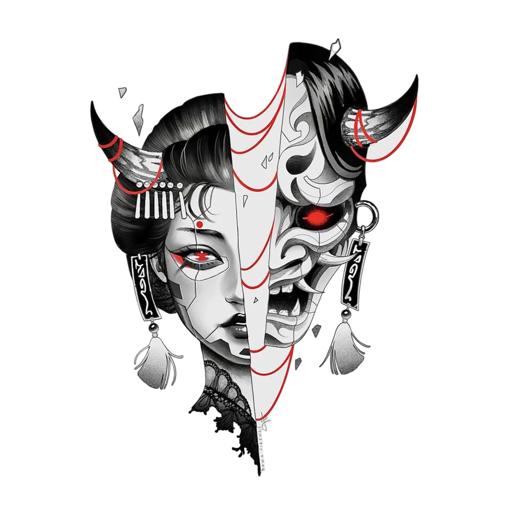 Greyscale illustration of a face split down the middle: a geisha with hair ornaments on the left and a horned oni mask with a red eye on the right, tassel earrings on both sides.