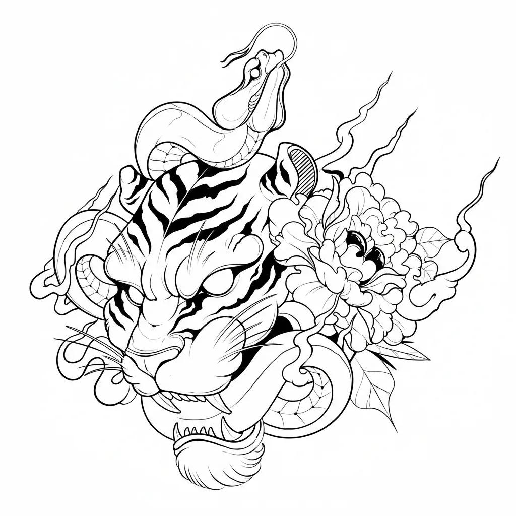 Black-line stencil of the tiger head, coiled snake, peony flower and flame shapes with the stripes kept as solid black.