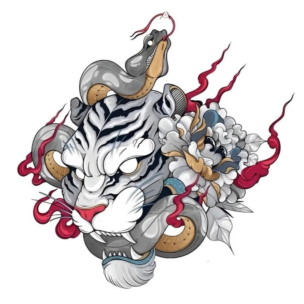 Japanese-style colour illustration of a snarling white tiger head wrapped by a grey snake, with a peony flower and red flames.