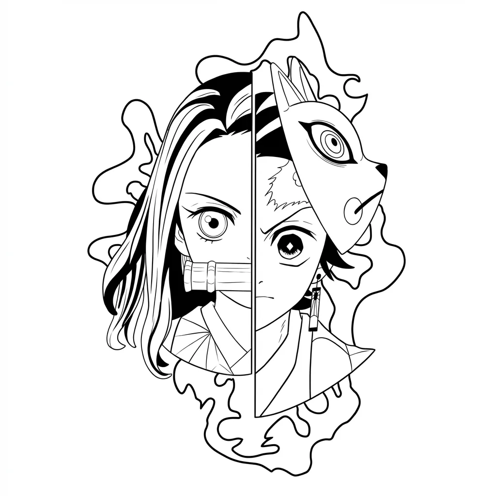 Black-line stencil of the split portrait, bamboo muzzle, fox mask and flame outline with hair rendered as solid black shapes.