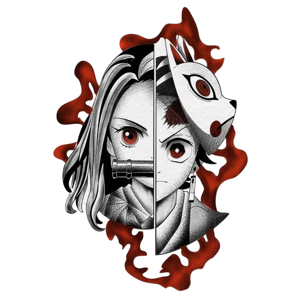 Anime-style split portrait: a long-haired girl with a bamboo muzzle on the left and a boy wearing a fox mask on his head on the right, framed by red flames.