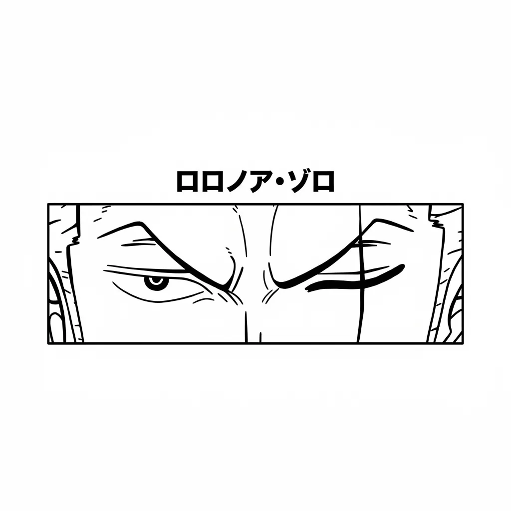 Black-line stencil of the close-up eyes, brow and panel border, with the katakana lettering preserved as outlines.