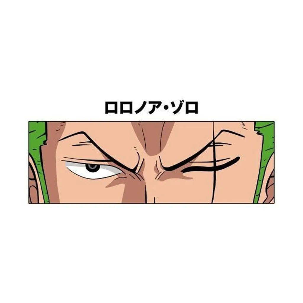Manga-style close-up of a green-haired character's narrowed eyes and scarred brow, with Japanese katakana lettering above the panel.