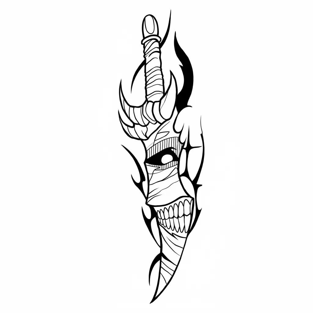 Black-line stencil of the dagger hilt, horns, bandaged skull, teeth and tribal flames as outlines and solid black fills.
