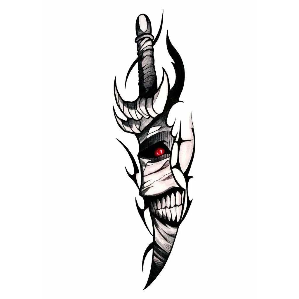 Illustration of a wrapped-hilt dagger merging into a horned, bandaged skull face with a glowing red eye and bared teeth, surrounded by tribal black flames.