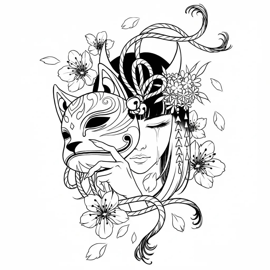 Black-line stencil of the same fox mask, face, cherry blossoms and rope, with the shading and colour removed.