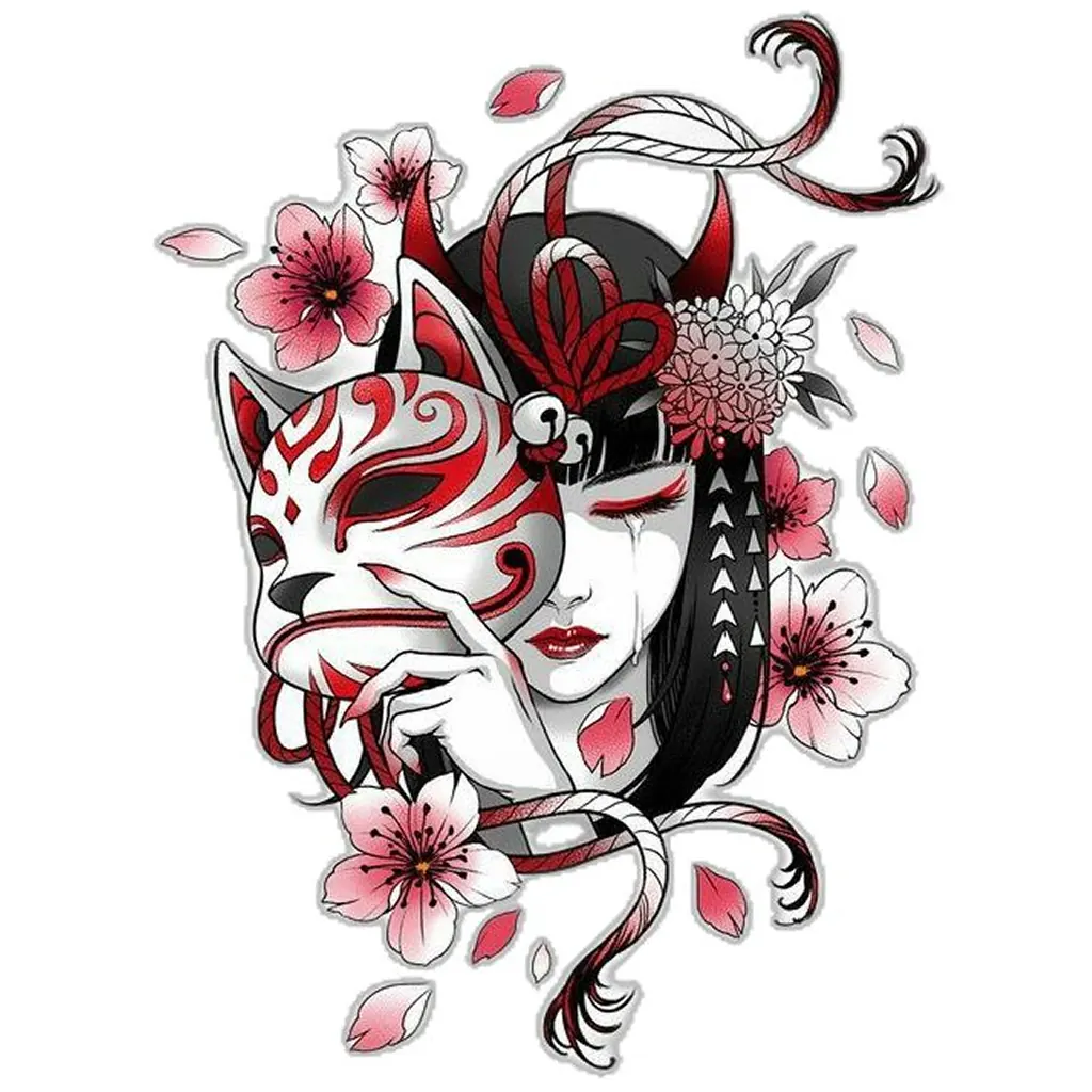 Colour illustration of a woman with dark hair holding a red-and-white fox mask beside her face, surrounded by pink cherry blossoms and red rope.